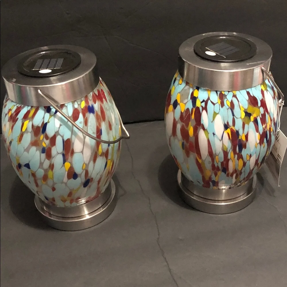 Blue brown mosaic look blown glass style outdoor hanging LED lantern‎ new